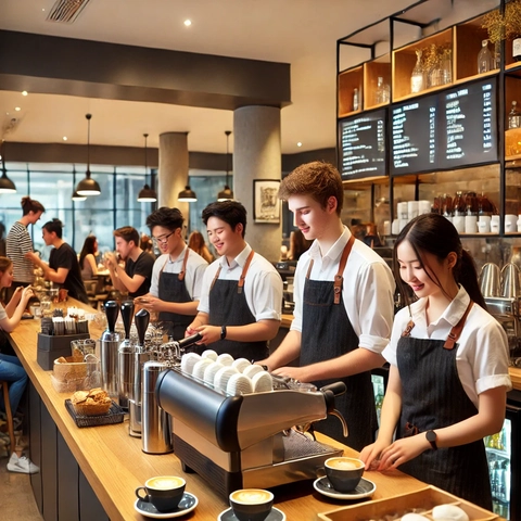 DALL·E 2024-07-26 16.15.54 - International students working as baristas in a hospitality setting in Australia. The scene features a modern café with students of diverse ethnic bac